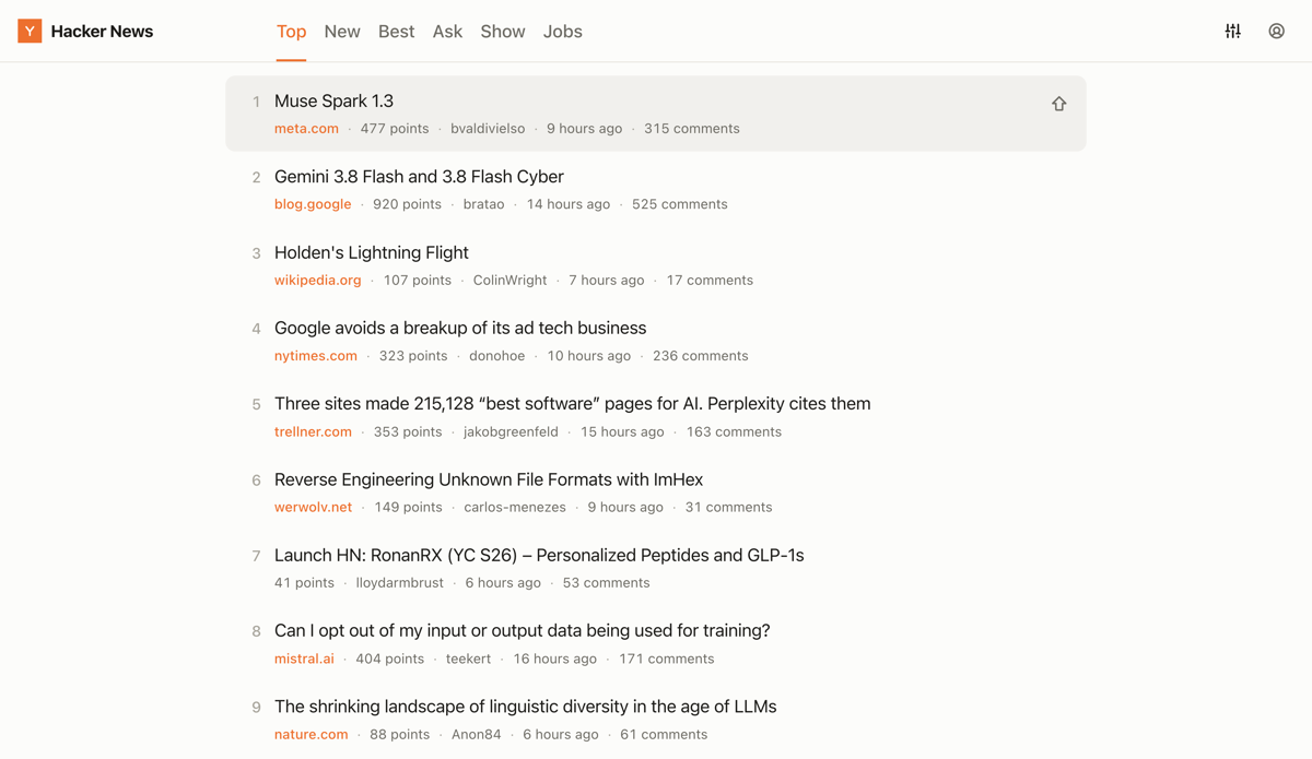 The Easy for Hacker News story list with one row selected by keyboard, shown on a darker background with an upvote arrow.