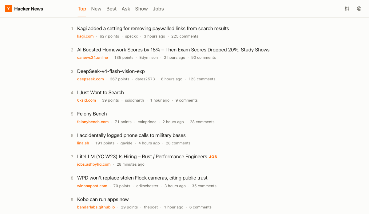 Story rows in Easy for Hacker News, each with the domain, points, author, age and comment count.