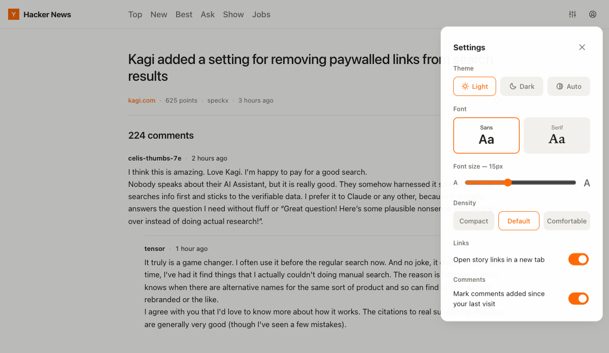 The Easy for Hacker News settings panel, with theme, font, font size and density controls.
