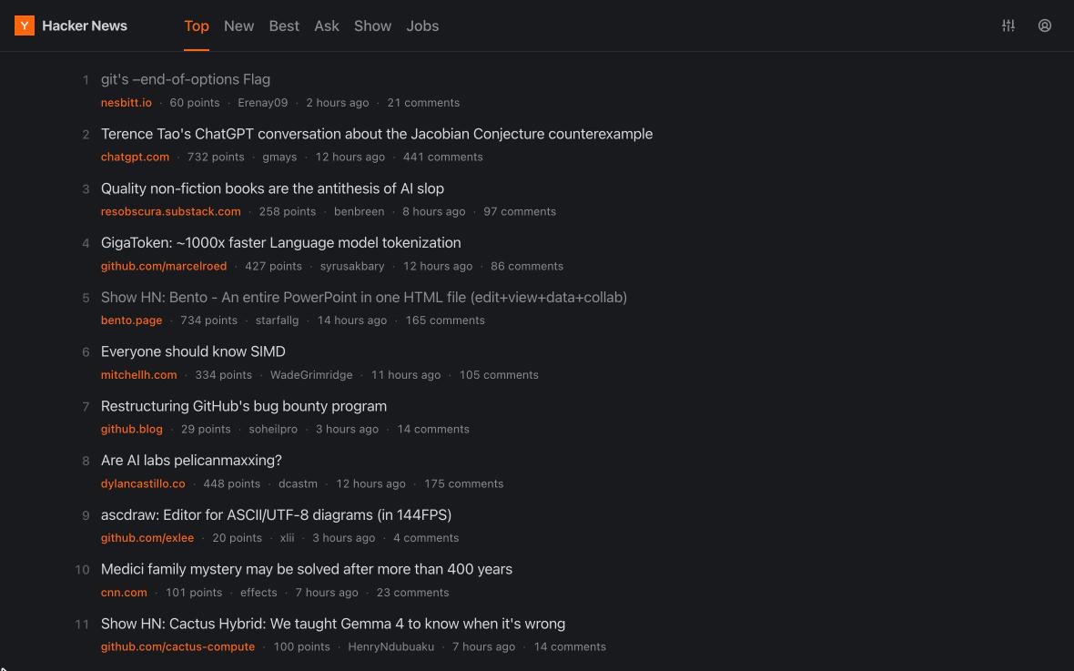 The Hacker News front page rendered by easyhn: a ranked story list with the url, points, author, age and comment counts, in dark mode.